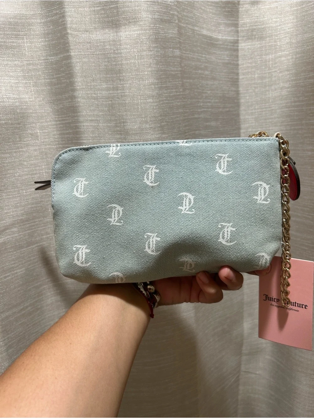 Juicy Couture Light Blue Monogram Cosmetic Wristlet with Strawberry Charm